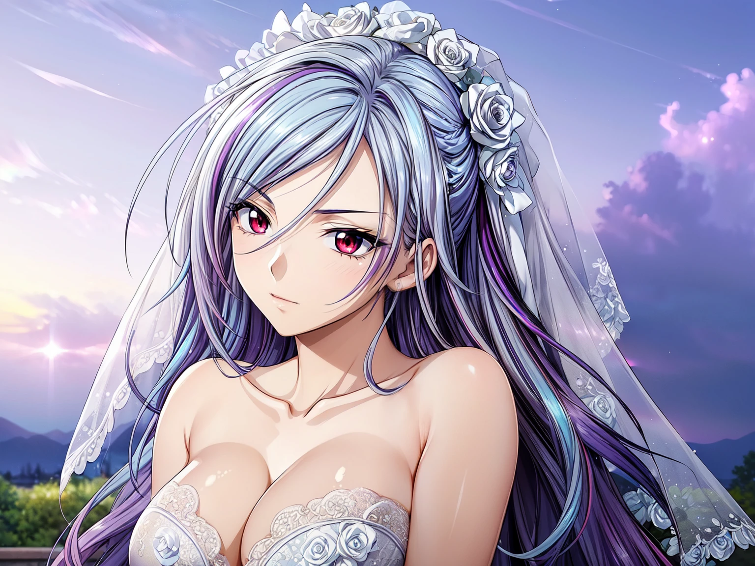 (masterpiece, best quality, beautiful and aesthetic:1.3), look back, side view, 1woman, solo, matured woman, (Silver blue hair streaked purple:1.4), (Gradient sky blue hair ends:1.6), hair strand, absurdly long hair, single sidelock, wavy hair, shiny hair, floating hair, (deep red eyes), delicate eyes, aqua eyes, super high detailed eyes, long upper eyelashes, makeup, Focus on face, Very detailed facial, Perfect breasts, hot body, (Delicate skin texture:1.2), bridal veil, lace-trimmed dress, see-through, wedding dress, outdoors, white roses, garden, morning, standing, extreme detailed, (A little embarrassing)