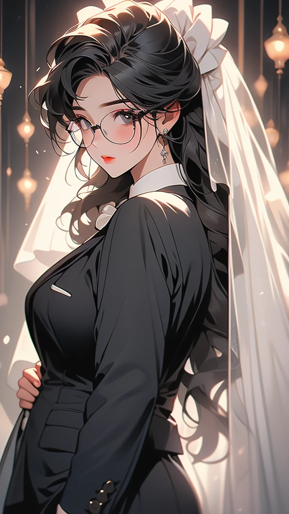 Fat girl wearing a black formal suit with sharp facial features and a mole on her left cheek, glasses and veil