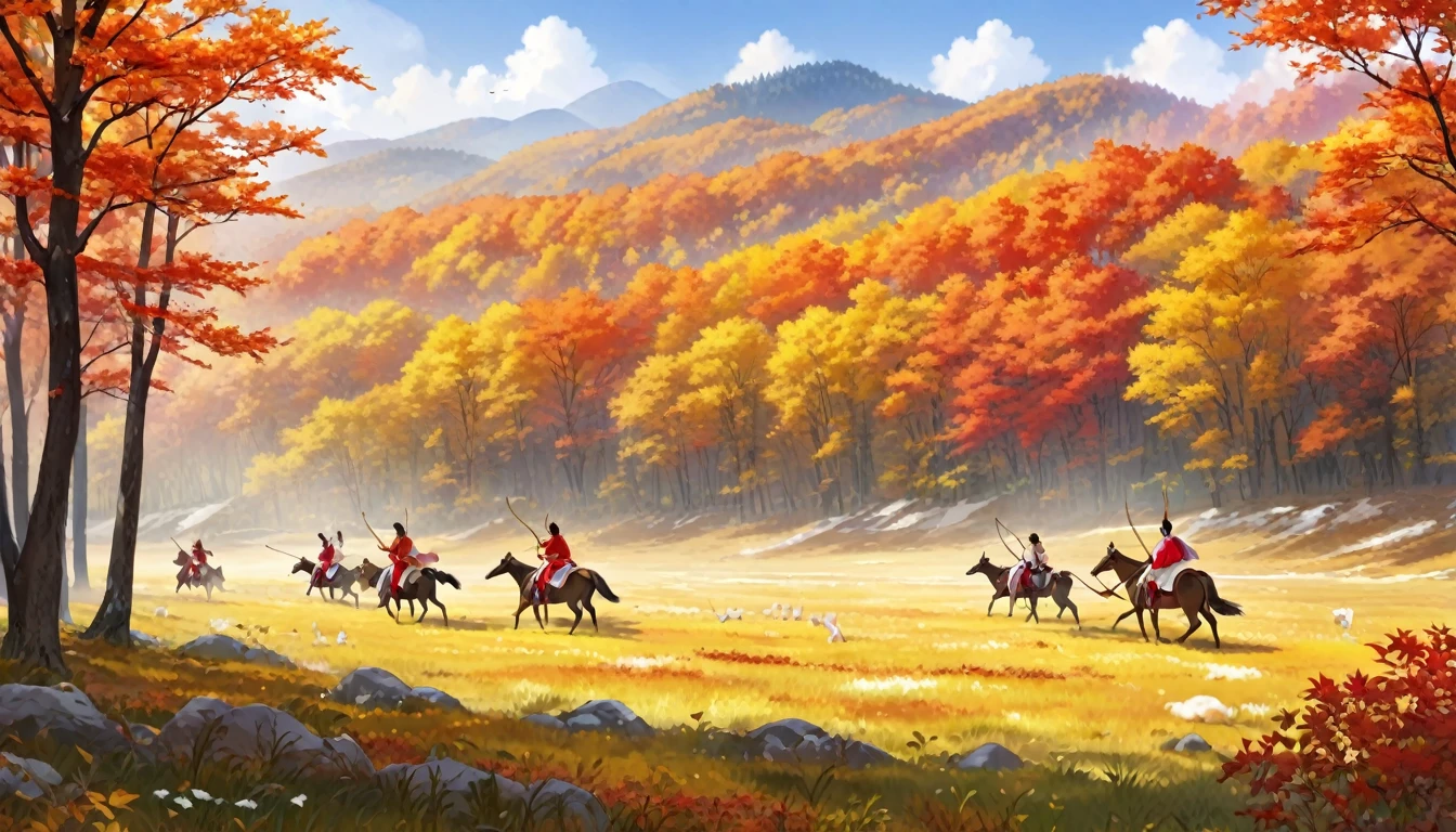 a meadow on the right of the border of a forest in autumn with red and yellow leaves, two people wearing hanfu riding horses, using bow and arrow hunting deers and rabbits