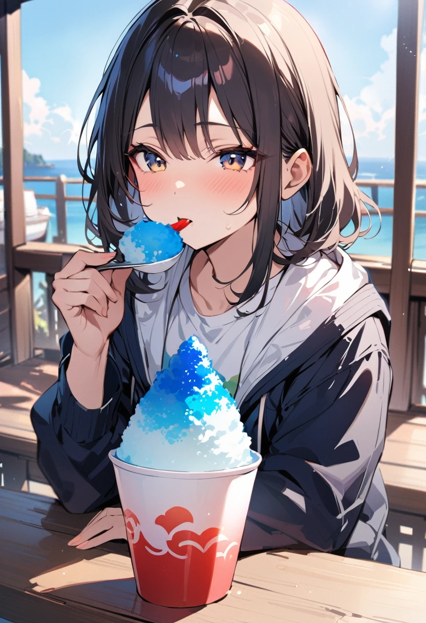 masterpiece, Highest quality, (((Eating shaved ice with a spoon in one's mouth)))、(((I shut my eyes tightly and scream in pain)))、Raising awareness, Sax Blue, プラチナEarrings, Platinum Necklace, White Dress, One Girl, cute, (Dynamic Lighting:1.2), Cinema Lighting, Delicate facial features, Detailed eyes, Sharp pupils, Realistic student, Written boundary depth, ボケ Written boundary depth, Sharp focus, (Very detailed, bloom, Shine:1.4), Lots of little gems, (((short_hair))), Toru Asakura、黒hairs、Earrings、gradation hair、multi color hair、分けた前hair、blue hair、Upper Body、Ultra close-up footage、((The sides of her breasts are visible through her oversized tank top))