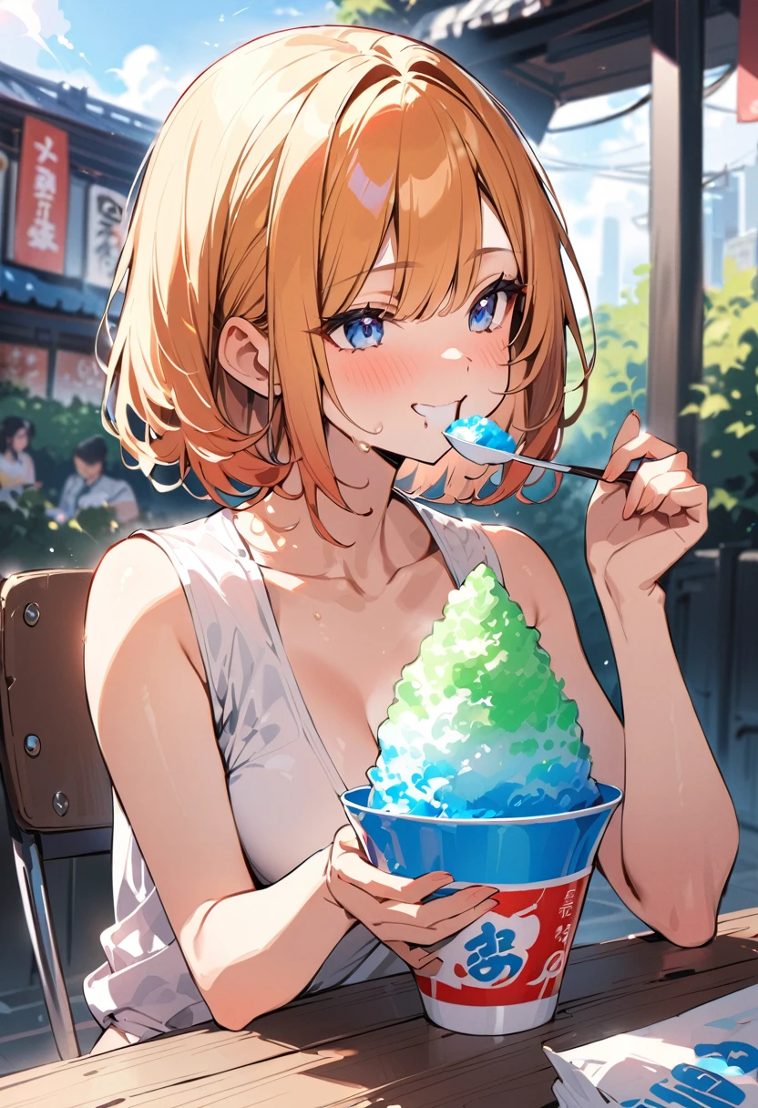 masterpiece, Highest quality, (((Eating shaved ice with a spoon in one&#39;s mouth)))、(((I shut my eyes tightly and scream in pain)))、Raising awareness, Sax Blue, プラチナEarrings, Platinum Necklace, White Dress, One Girl, cute, (Dynamic Lighting:1.2), Cinema Lighting, Delicate facial features, Detailed eyes, Sharp pupils, Realistic student, Written boundary depth, ボケ Written boundary depth, Sharp focus, (Very detailed, bloom, Shine:1.4), Lots of little gems, (((short_hair))),　Toru Asakura、黒hairs、Earrings、gradation hair、multi color hair、分けた前hair、blue hair、Upper Body、Ultra close-up footage、((The sides of her breasts are visible through her oversized tank top))