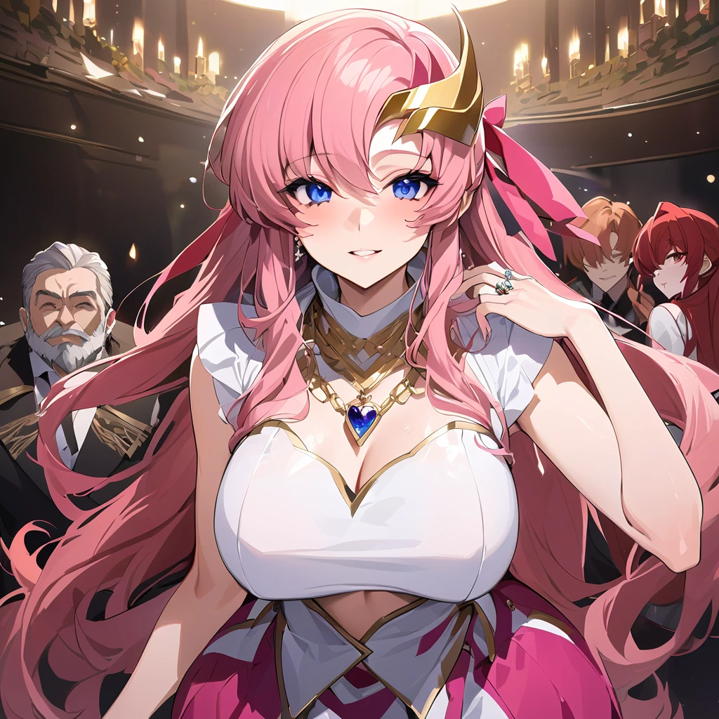 ((Highest quality)), ((masterpiece)), (detailed), (Perfect Face)、The woman is Lacus Clyne, the wife of the leader of a mysterious evil god cult. She has blue eyes, medium-long pink hair, a hair accessory, is wearing the mysterious and luxurious evil god cult uniform, a necklace and accessories with devil symbols, a luxurious head chain tiara, and an engagement ring.、The woman is the wife of a middle-aged, bearded leader of a mysterious cult of evil gods.、He is standing at the altar of the Evil God Cult with a mysterious cult leader dressed in luxurious cult leader clothing.