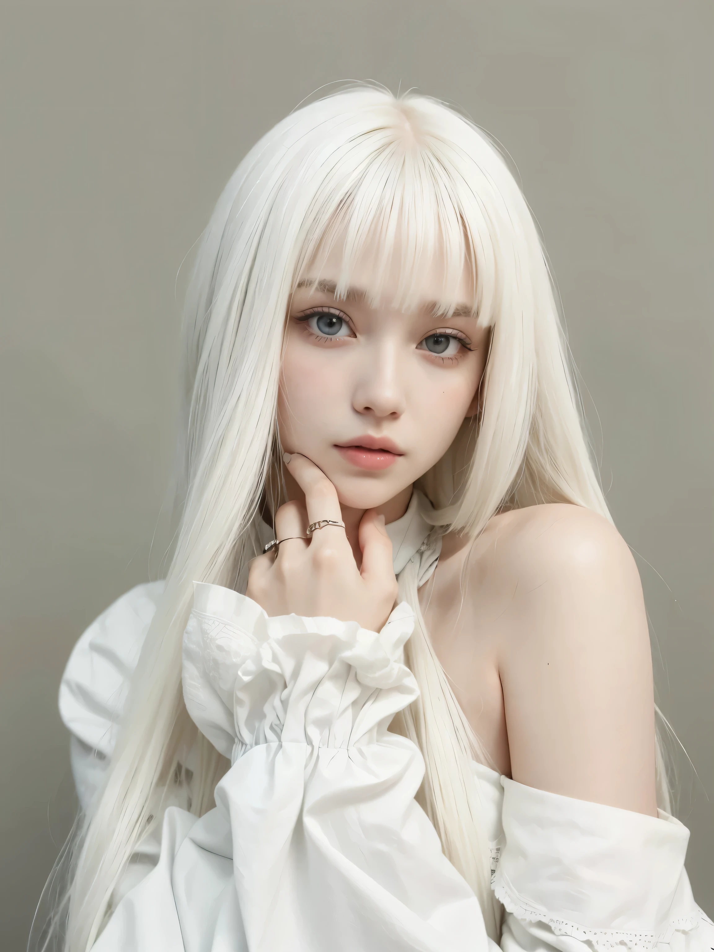 There is a woman with white hair posing for a photo., long white hair and bangs, white bangs, white hime cut hairstyle, with long white hair, cabello con white bangs, white hair color, with long white hair, white hair with fringes, white straight hair, Beautiful white hair, Girl with white hair, Her hair is white, intense white fur