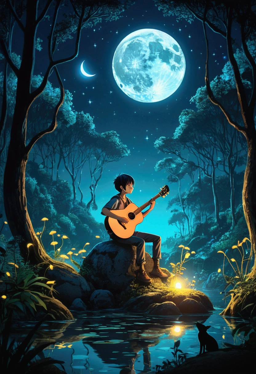 A mystical forest scene at night, with bioluminescent plants and a glowing moon. A figure is sitting on a rock, playing a guitar, surrounded by fireflies and magical creatures, estilo anime 2D, lo-fi