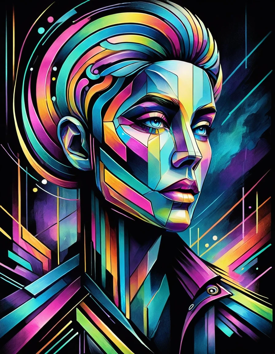 In a mesmerizing oil painting, a mysterious figure emerges from a haze of swirling colors. Their retro attire shines with metallic accents, while vibrant neon lights illuminate their expressionless face. The composition exudes nostalgia and intrigue, leaving viewers longing for a forgotten era. the gardens of sound made out of ral-hlgrphic,( hyperrealistic art breathtaking a lineart (vibrant alcohol ink sketch). [magnificent faetastic , , intriguing weirdness, color schemes extravaganza, mystery of darkness, unusual natural aesthetics, glossy].
