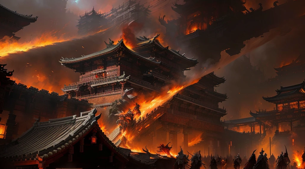Flames burst from a crowded building, An ancient city engulfed in fire, Traditional Japanese concept art, Theatre concept art, feng zhu concept art, author:Yang J, Cyberpunk Chinese Ancient Castle, art style of marc simonetti, Noah Bradley Concept Art, Chinese dragon concept art, Ruina Library concept art, author:Yang Borun, Background artwork