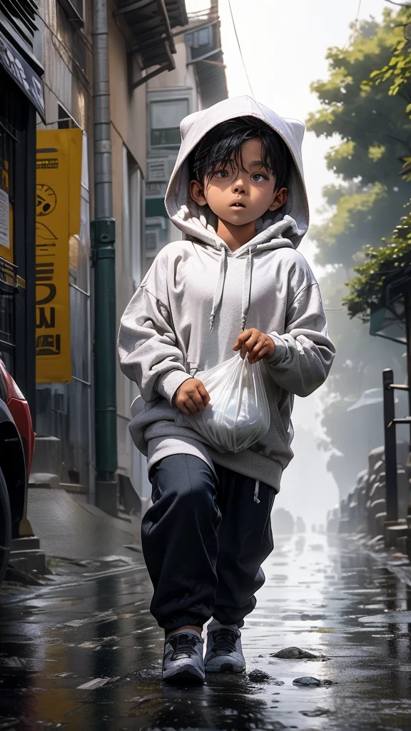 a wearing a hoodie was running up the hill carrying a plastic bag containing food, with the effect of falling rain water soaking him with a religious natural feel. in the form of long distance shots.