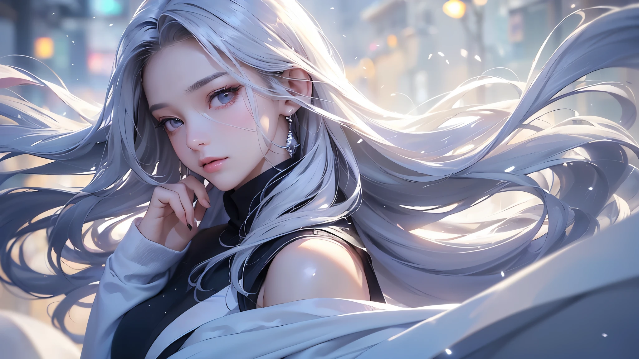 ((masterpiece:1.5、8k、Portraiture、フォトリアリスティックでVery detailedなCG、Very detailed、Particle Effects、Dynamic Effects、Shallow depth of field、Cinematic Light、Lens flare、Ray Tracing、Tabletop、Realistic:1.4、Ultra-high resolution:1.2、Realistic、Realistic))((alone、1 girl,A woman wearing a cashmere coat over an off-the-shoulder dress:1.4、Elegant woman posing、Look Up、Detailed face、bright表情、young, bright, Whiter skin、Ample breasts、Best Looks、Ultimate beauty、Shiny silver hair with highlights、bright and shiny hair,、Super long, Silky straight hair、Hair dancing in the wind))(morning、The setting is outdoors in the snow、Surrounded by illuminations)Wear warm clothes

