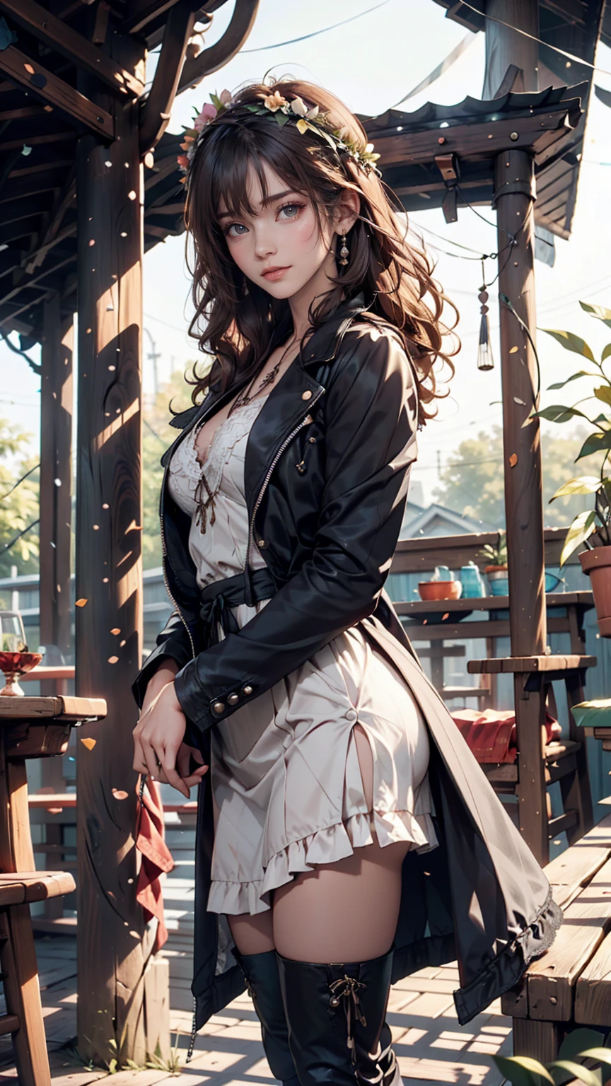 Model photographed in nature。Bohemian long dress、Fringed jacket、Lace-up boots、Her hair is loosely wavy、wearing a flower crown