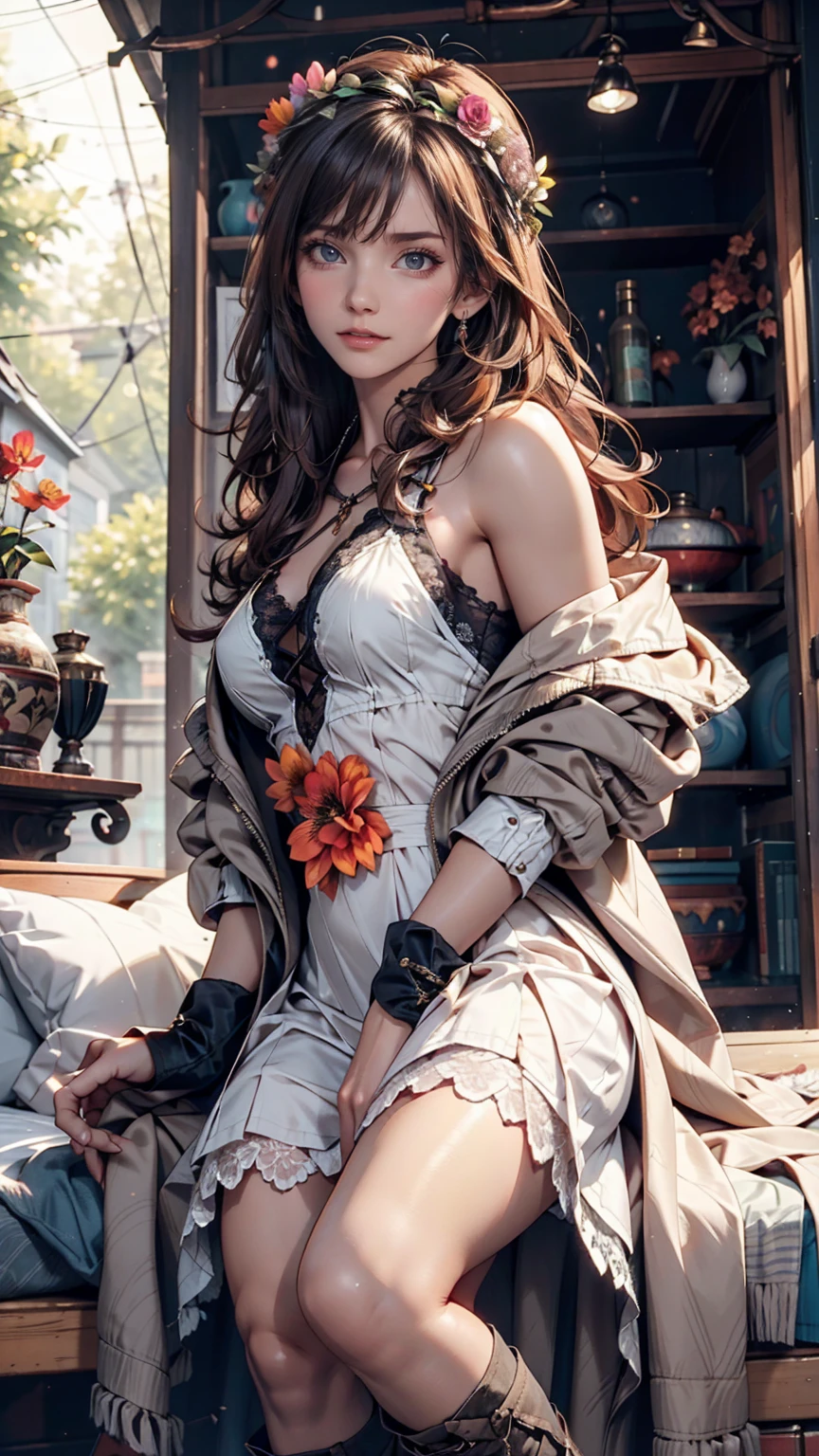 Model photographed in nature。Bohemian long dress、Fringed jacket、Lace-up boots、Her hair is loosely wavy、wearing a flower crown