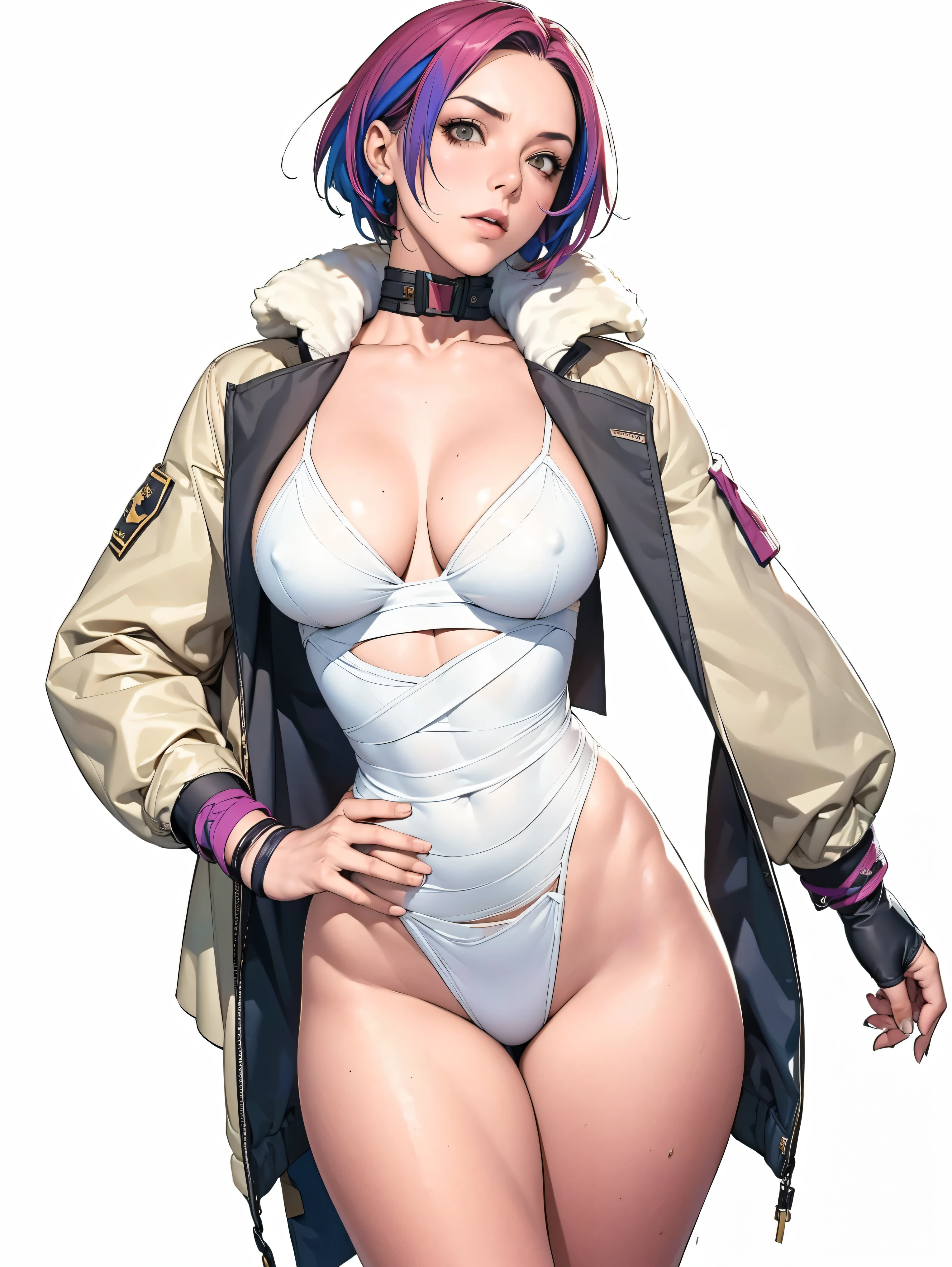 (((Annie Lennox))), (((colorful suit))), (scars), (((bandaged arms))), (((colorful clothes))) (( hood)), (((best qualityer: 1.4))), (Unbeatable masterpiece), (hiper HD),(CG 8k hyper-realistic), brave face, (((breasts big))), (((hyper feminine))), sexly girl, black tattoo,(ultra short red hair with white highlights)), ((( sculptural body ))), (((1 Kizi))), Kizi tatuada de 25 anos com perfectbody,,Beautiful and well-groomed face,muscular body:1.2,solid color detailed jacket, (Head to thigh photos), Complex equipment, ,Tight clothes,With white stars and off-white stripes,,,,,Armor Metal Electronic Parts, Poison tattoos ) INFO, Kizi, (((standing alone))), , 24歳, sexy, pose de atitude, work of art, post-apocalypse, (((manga style))), bounty hunter, the way you want, perfect body, roupa moderna, advanced technology, colorful, fur collar jacket, sleeves with vertical striped pattern, background city, (( cowboy shot )). intricate visual, narrow waist, (((wide hips))), wide hips, fit thighs, (thigh gap), background shows a futuristic airplane