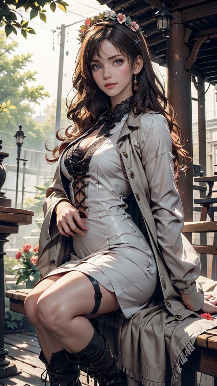Model photographed in nature。Bohemian long dress、Fringed jacket、Lace-up boots、Her hair is loosely wavy、wearing a flower crown