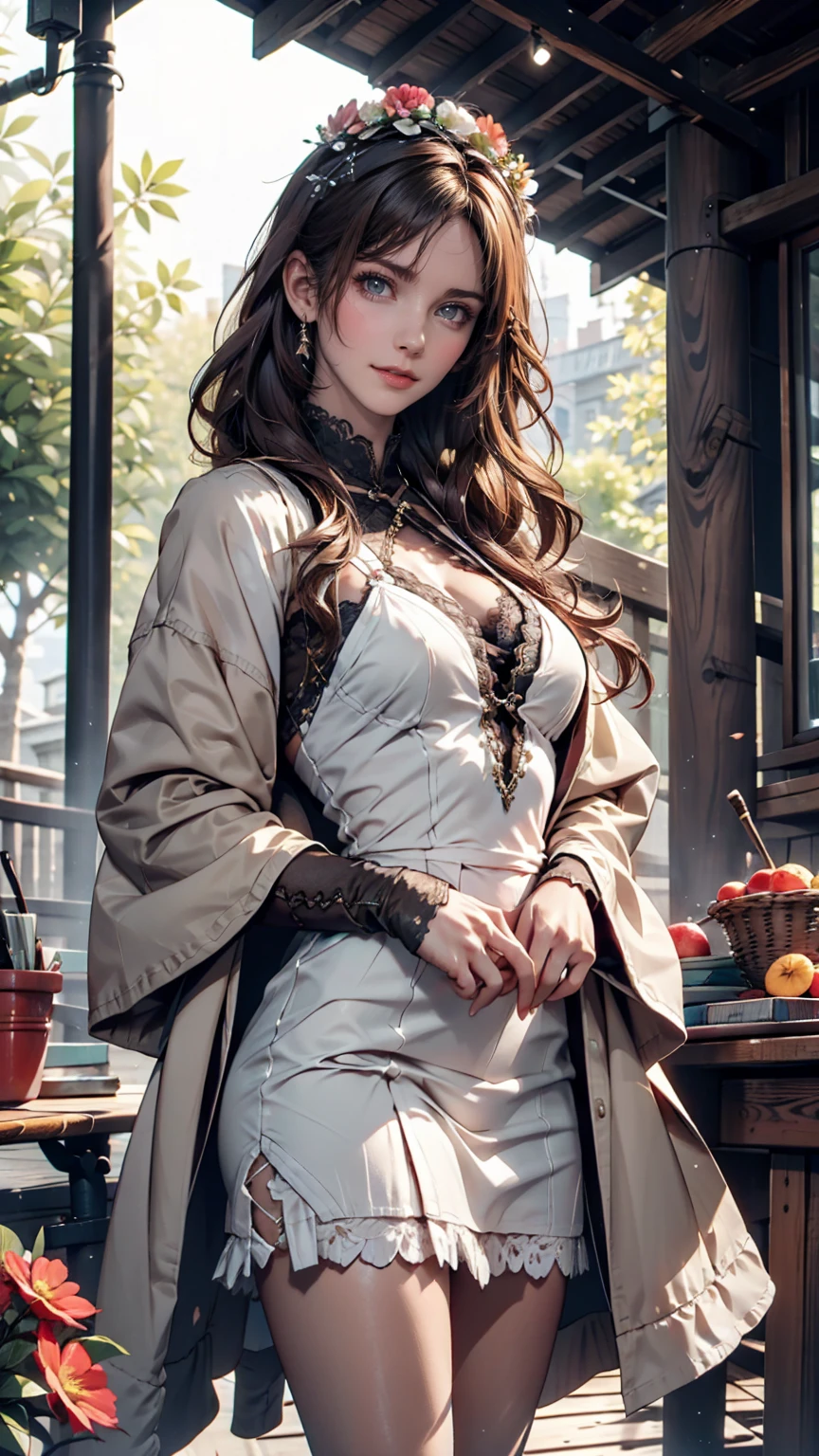 Model photographed in nature。Bohemian long dress、Fringed jacket、Lace-up boots、Her hair is loosely wavy、wearing a flower crown