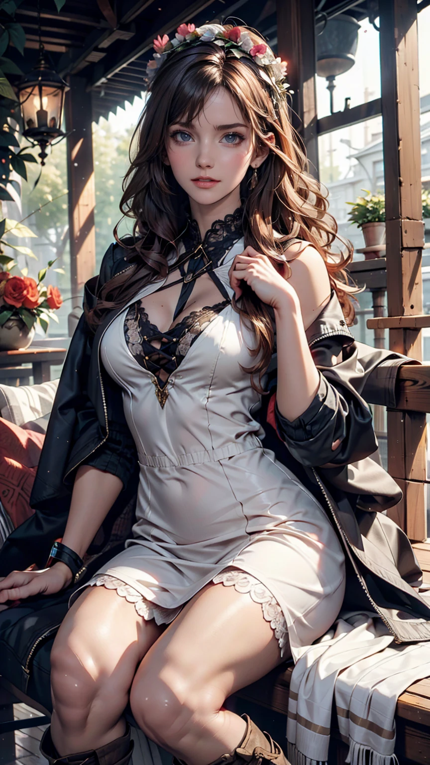 Model photographed in nature。Bohemian long dress、Fringed jacket、Lace-up boots、Her hair is loosely wavy、wearing a flower crown