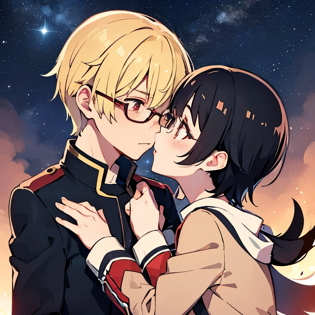 1 boy with black hair, Red jacket and glasses romantically kissing a girl with blonde hair and red eyes.. bright night sky in the background., True love, blushing cheeks, high quality 