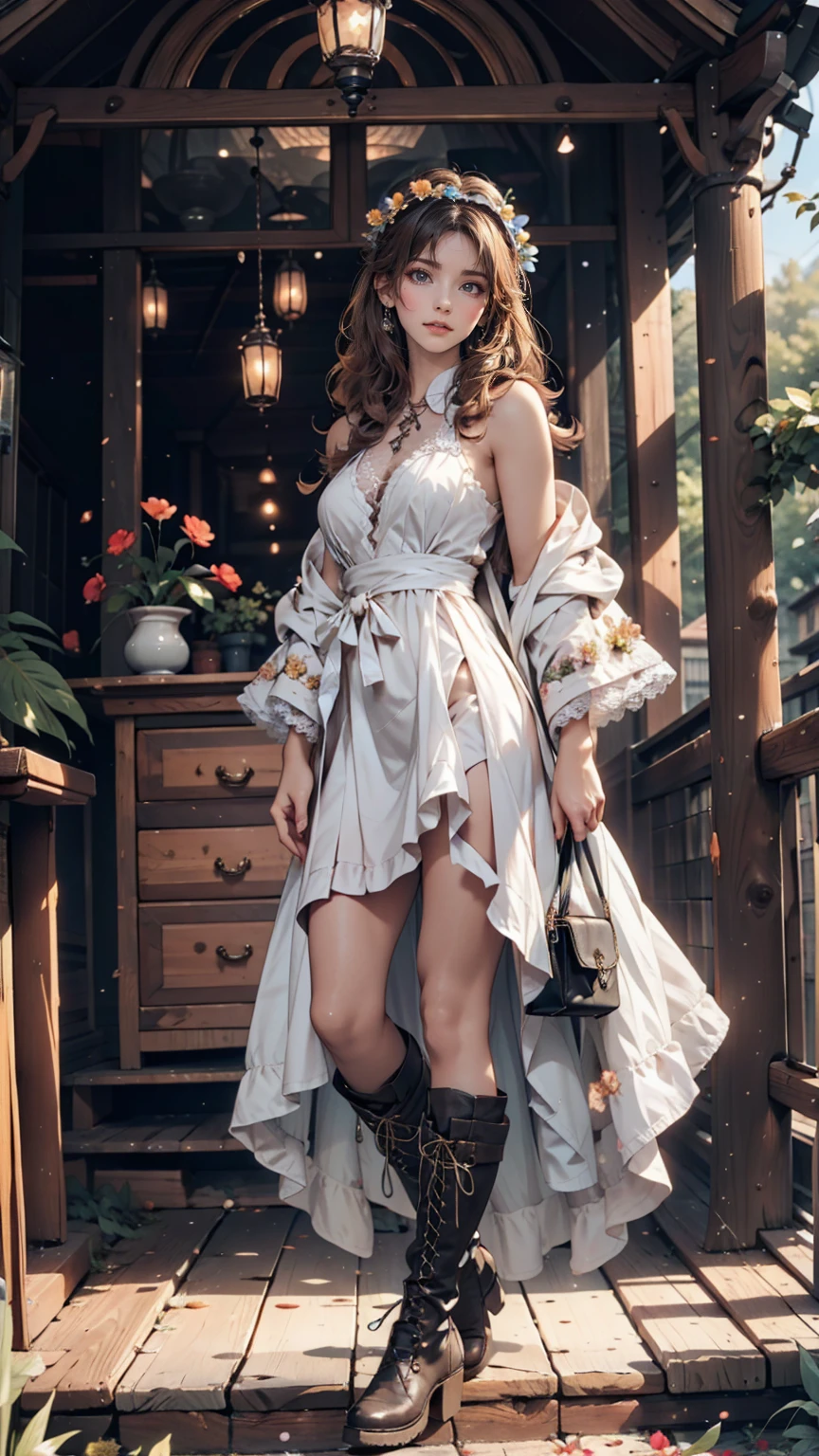 Model photographed in nature。Bohemian long dress、Fringed jacket、Lace-up boots、Her hair is loosely wavy、wearing a flower crown