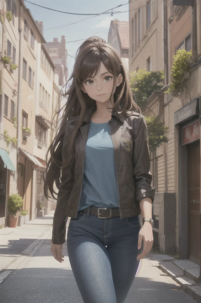 a girl with long light brown hair, wearing a blue shirt with the initial L, walking on the street, (best quality,4k,8k,highres,masterpiece:1.2),ultra-detailed,(realistic,photorealistic,photo-realistic:1.37),beautifully detailed face, beautiful detailed eyes, beautiful detailed lips, extremely detailed eyes and face, long eyelashes, full body shot, natural lighting, cinematic, highly detailed environment, city street, detailed buildings, detailed road, detailed sidewalk, detailed trees, detailed sky