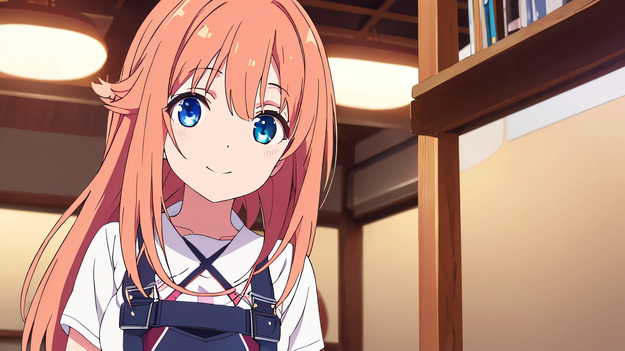 masterpiece, highest quality, Super detailed, indoors, school masterpiece, highest quality, Super detailed, Hello,Hoshino, ,very long hair,orange eyes,blue eyes,heterochromia,pink hair,white shirt,chest harness,(small breasts:1.1),smile,