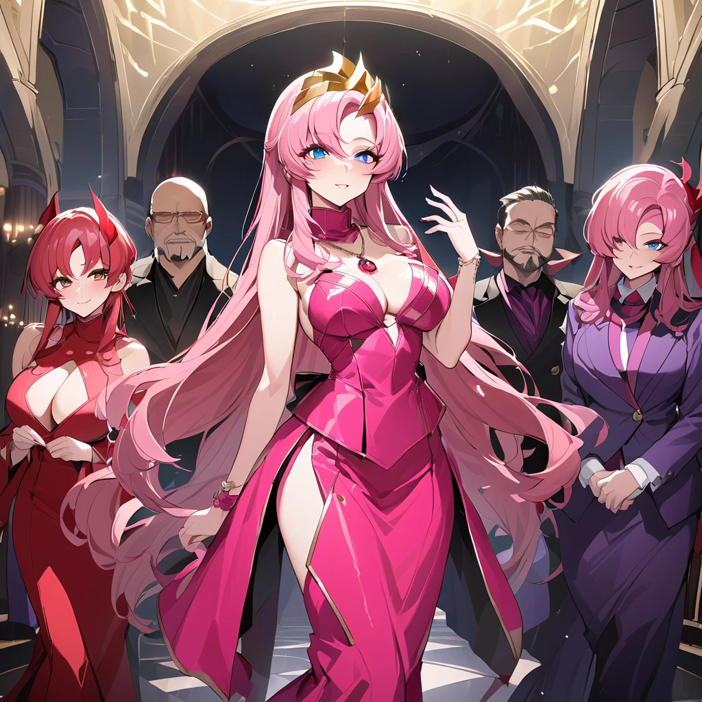 ((Highest quality)), ((masterpiece)), (detailed), （Perfect Face）、The woman is Lacus Clyne, the wife of the leader of the Evil God Cult. She has blue eyes, medium-long pink hair, a hair accessory, and is wearing the suspicious and luxurious Evil God Cult uniform, as well as a necklace and accessories with devil symbols, a gorgeous head chain tiara, and an engagement ring.、The woman is the wife of a middle-aged, bearded cult leader who is revered by a mysterious cult of evil gods.、He is standing at the altar of the Evil God Cult with a mysterious cult leader dressed in luxurious cult leader clothing.