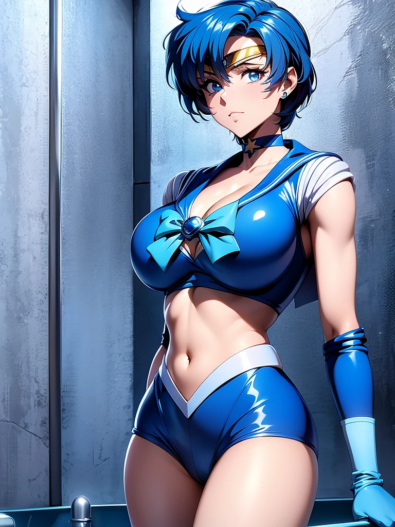 Sailor mercury in full police suit,long blue hair,Blue Power Ranger, hurricane ,Sexy goth woman big breast, character sheet,inside a pool,High Resolution, Large breasts,