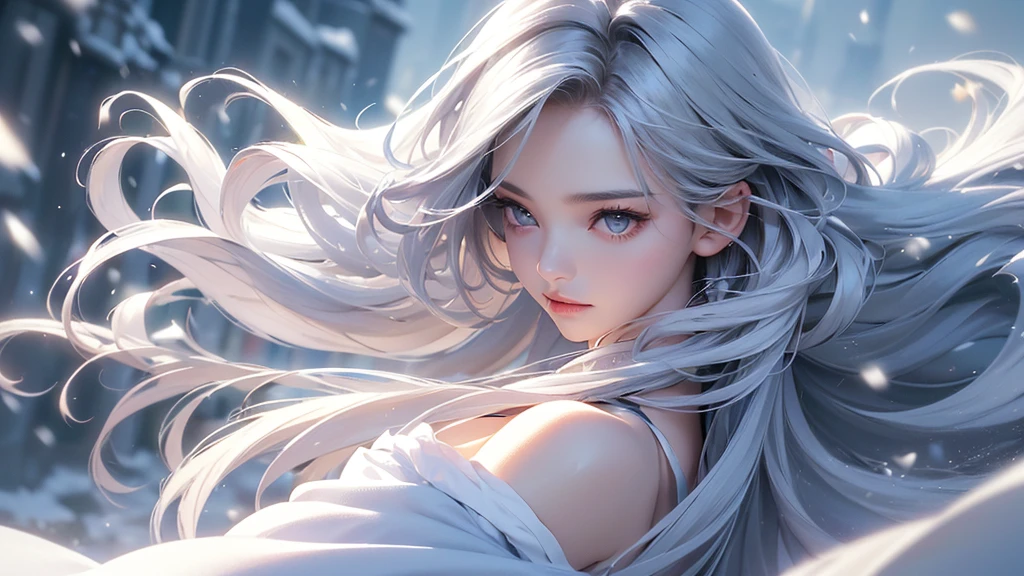 ((masterpiece:1.5、8k、Portraiture、フォトリアリスティックでVery detailedなCG、Very detailed、Particle Effects、Dynamic Effects、Shallow depth of field、Cinematic Light、Lens flare、Ray Tracing、Tabletop、Realistic:1.4、Ultra-high resolution:1.2、Realistic、Realistic))((alone、1 girl,A woman wearing a cashmere coat over an off-the-shoulder dress:1.4、Elegant woman posing、Look Up、Detailed face、bright表情、young, bright, Whiter skin、Ample breasts、Best Looks、Ultimate beauty、Shiny silver hair with highlights、bright and shiny hair,、Super long, Silky straight hair、Hair dancing in the wind))(morning、The setting is outdoors in the snow、Surrounded by illuminations)Wear warm clothes