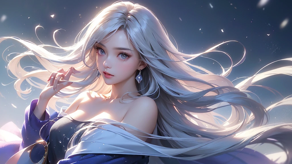 ((masterpiece:1.5、8k、Portraiture、フォトリアリスティックでVery detailedなCG、Very detailed、Particle Effects、Dynamic Effects、Shallow depth of field、Cinematic Light、Lens flare、Ray Tracing、Tabletop、Realistic:1.4、Ultra-high resolution:1.2、Realistic、Realistic))((alone、1 girl,A woman wearing a cashmere coat over an off-the-shoulder dress:1.4、Elegant woman posing、Look Up、Detailed face、bright表情、young, bright, Whiter skin、Ample breasts、Best Looks、Ultimate beauty、Shiny silver hair with highlights、bright and shiny hair,、Super long, Silky straight hair、Hair dancing in the wind))(morning、The setting is outdoors in the snow、Surrounded by illuminations)Wear warm clothes
