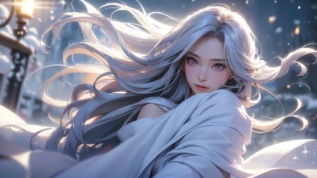((masterpiece:1.5、8k、Portraiture、フォトリアリスティックでVery detailedなCG、Very detailed、Particle Effects、Dynamic Effects、Shallow depth of field、Cinematic Light、Lens flare、Ray Tracing、Tabletop、Realistic:1.4、Ultra-high resolution:1.2、Realistic、Realistic))((alone、1 girl,A woman wearing a cashmere coat over an off-the-shoulder dress:1.4、Elegant woman posing、Look Up、Detailed face、bright表情、young, bright, Whiter skin、Ample breasts、Best Looks、Ultimate beauty、Shiny silver hair with highlights、bright and shiny hair,、Super long, Silky straight hair、Hair dancing in the wind))(morning、The setting is outdoors in the snow、Surrounded by illuminations)Wear warm clothes