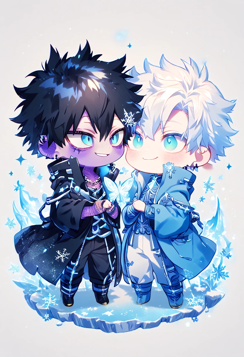 absurdres, highres, ultra detailed, HDR, master piece, best quality, extremely detailed face, delicated features, Dabi chibi, black hair, expressive turquoise eyes, Boku No Hero Academia, Gojou Satoru chibi, white hair, expressive blue eyes, white eyelashes, two boys together, yaoi, gay couple, cute, smiling, blue jacket with fur, black coat, fantasy, magical, ice, blue fire, ice butterflies, snowflakes, starry night