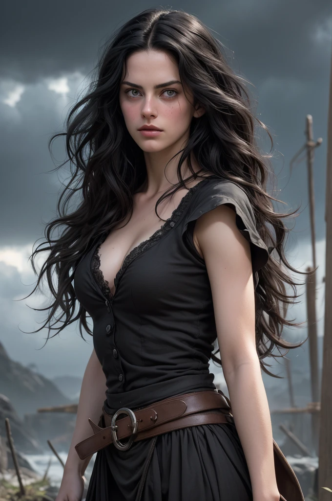 (masterpiece, absurdres, highres, ultra detailed), 1woman, wavy dark hair, adult, black eyes, focus,handsome face, yennefer the witcher, charming, detailed eyes and face, angry expression, sky background, looks like Kaya Scodelario, ghostly ethereal look