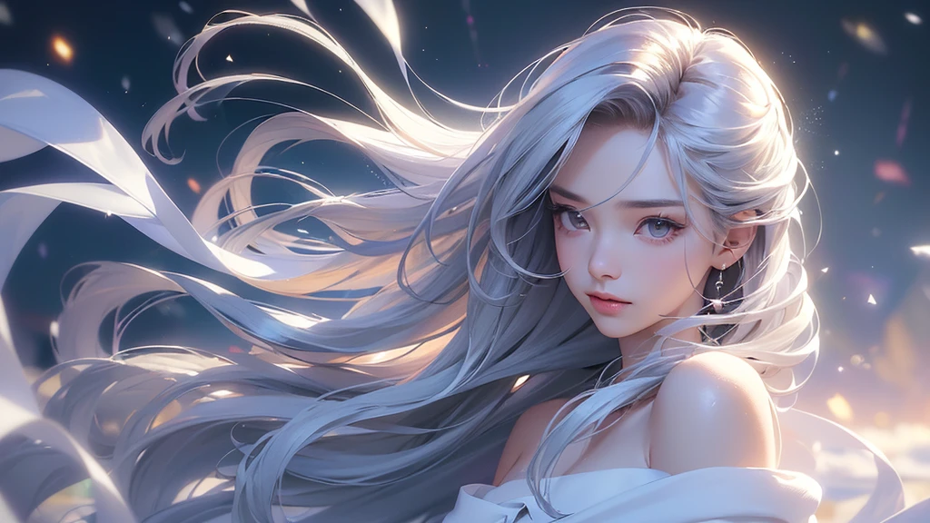 ((masterpiece:1.5、8k、Portraiture、フォトリアリスティックでVery detailedなCG、Very detailed、Particle Effects、Dynamic Effects、Shallow depth of field、Cinematic Light、Lens flare、Ray Tracing、Tabletop、Realistic:1.4、Ultra-high resolution:1.2、Realistic、Realistic))((alone、1 girl,A woman wearing a cashmere coat over an off-the-shoulder dress:1.4、Elegant woman posing、Look Up、Detailed face、bright表情、young, bright, Whiter skin、small breasts、Best Looks、Ultimate beauty、Shiny silver hair with highlights、bright and shiny hair,、Super long, Silky straight hair、Hair dancing in the wind))(morning、The setting is outdoors in the snow、Surrounded by illuminations)Wear warm clothes