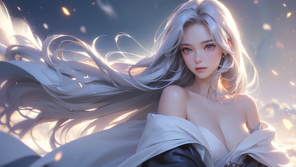 ((masterpiece:1.5、8k、Portraiture、フォトリアリスティックでVery detailedなCG、Very detailed、Particle Effects、Dynamic Effects、Shallow depth of field、Cinematic Light、Lens flare、Ray Tracing、Tabletop、Realistic:1.4、Ultra-high resolution:1.2、Realistic、Realistic))((alone、1 girl,A woman wearing a cashmere coat over an off-the-shoulder dress:1.4、Elegant woman posing、Look Up、Detailed face、bright表情、young, bright, Whiter skin、small breasts、Best Looks、Ultimate beauty、Shiny silver hair with highlights、bright and shiny hair,、Super long, Silky straight hair、Hair dancing in the wind))(morning、The setting is outdoors in the snow、Surrounded by illuminations)Wear warm clothes