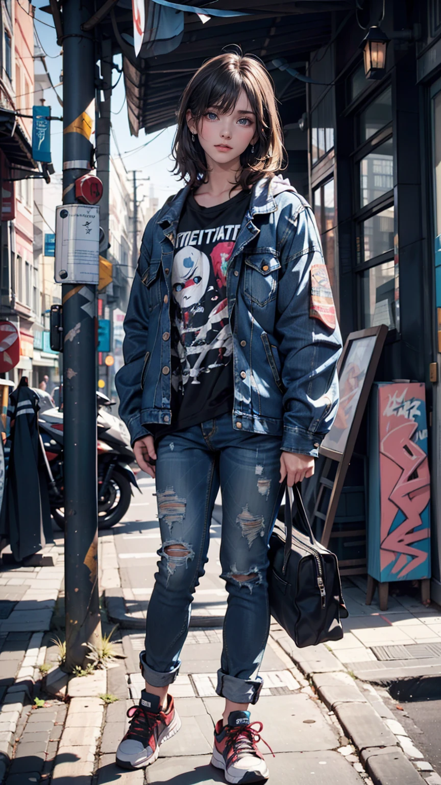 Model photographed on a city street。Oversized denim jacket、Graphic T-shirts、Distressed jeans、sneakers、Graffiti art in the background