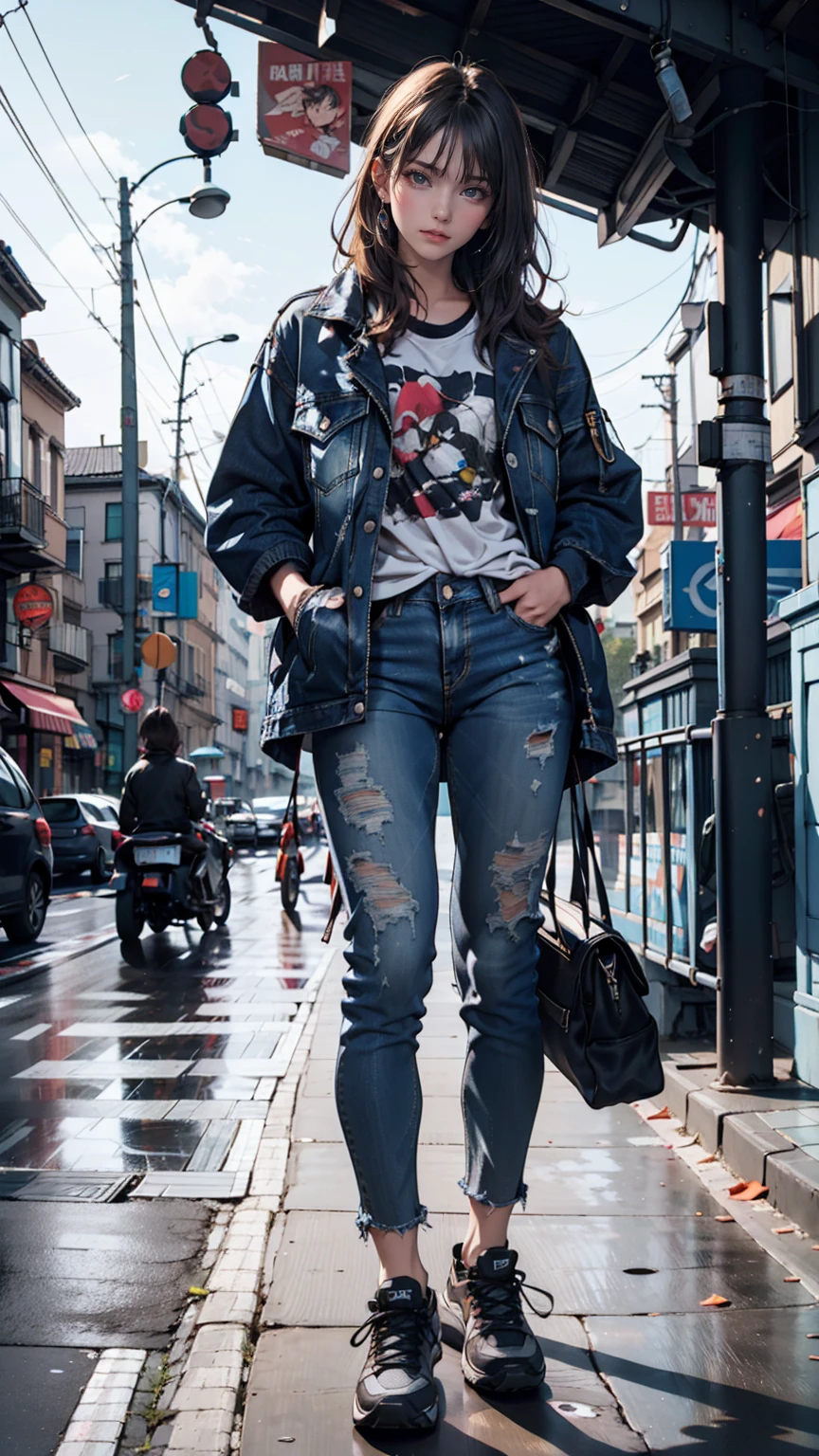 Model photographed on a city street。Oversized denim jacket、Graphic T-shirts、Distressed jeans、sneakers、Graffiti art in the background