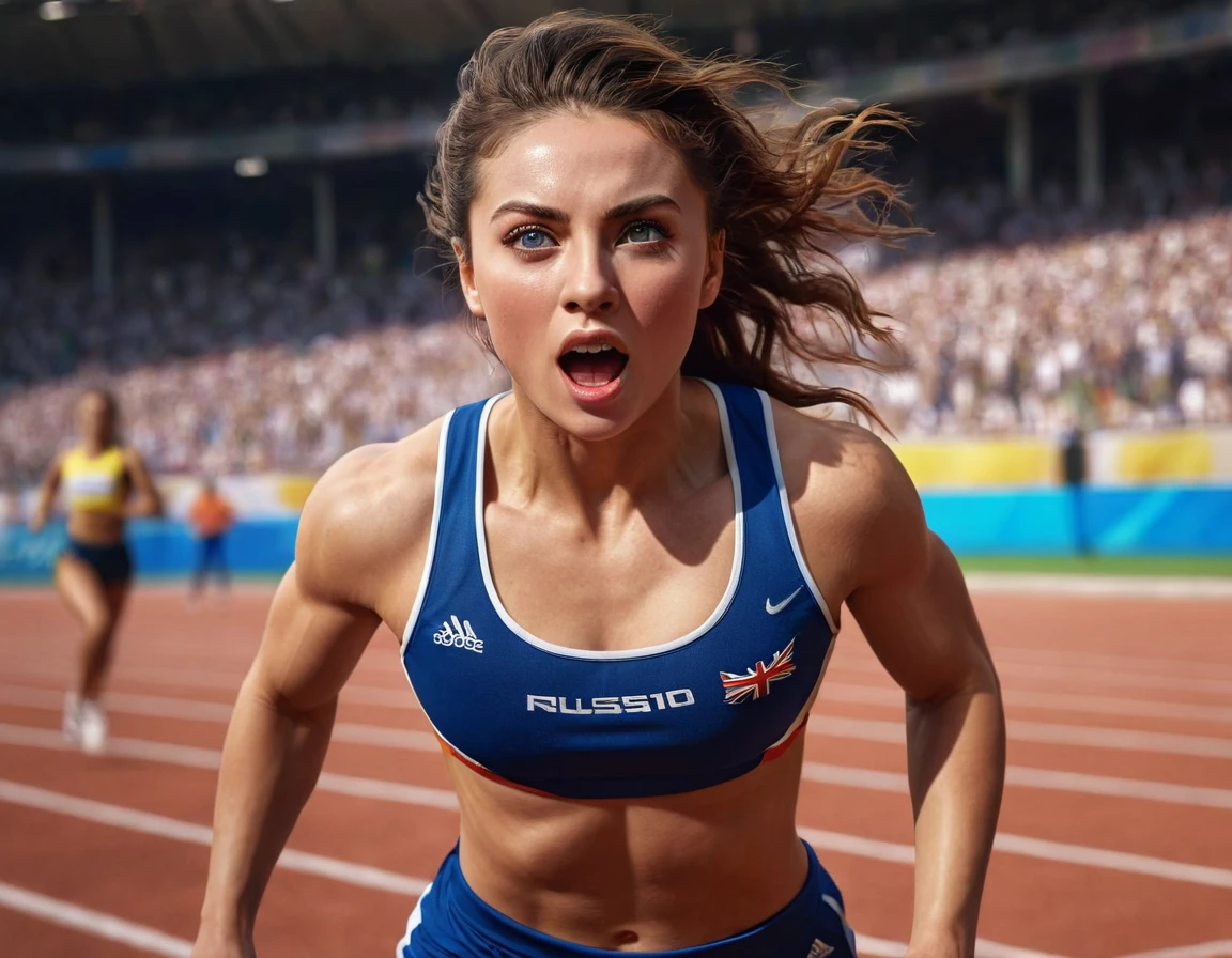 a girl in a olympic games, female athlete, running, 1 girl, beautiful detailed eyes, beautiful detailed lips, extremely detailed face, muscular physique, dynamic pose, sports uniform, stadium, cheering crowd, dramatic lighting, cinematic composition, vibrant colors, epic, dramatic, photorealistic, (best quality,4k,8k,highres,masterpiece:1.2),ultra-detailed,(realistic,photorealistic,photo-realistic:1.37)