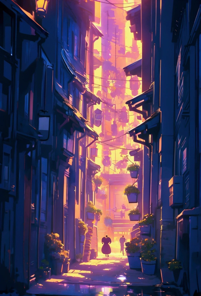 City flower shop, potted plants, flower, rainny night,water reflection puddle,oriental design, hanging lights , digital painting, sunset,wind up,concept art, illustration, intricate, many people, hanging lights, happy, beautiful colorful light, flower, plants ((tileset)) Anime - City street style scene, a woman waiting in front of a store, anime background art, detailed scenery - width 672, anime landscape concept art, anime style cityscape, Studio Ghibli anime style, Studio Ghibli art style, Studio Ghibli program, anime landscape, Studio Ghibli art style, Landscape artwork, Beautiful anime landscape, Forest city street, Ghibli art style, cake shop, cake shop, bakery cake shop, Makoto Shinkai style, Makoto Shinkai anime, Shinkai Makoto art style