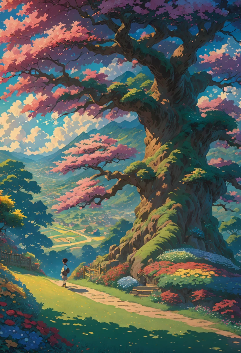 Studio ghibli field hirvas altas sun tree shadows,hinkai,beautiful anime scene,dreamy,majestic,anime wallpaper 4k,amazing miyazaki,thomas kinkade matte 4k,Aries Moross art.boy HD 8K