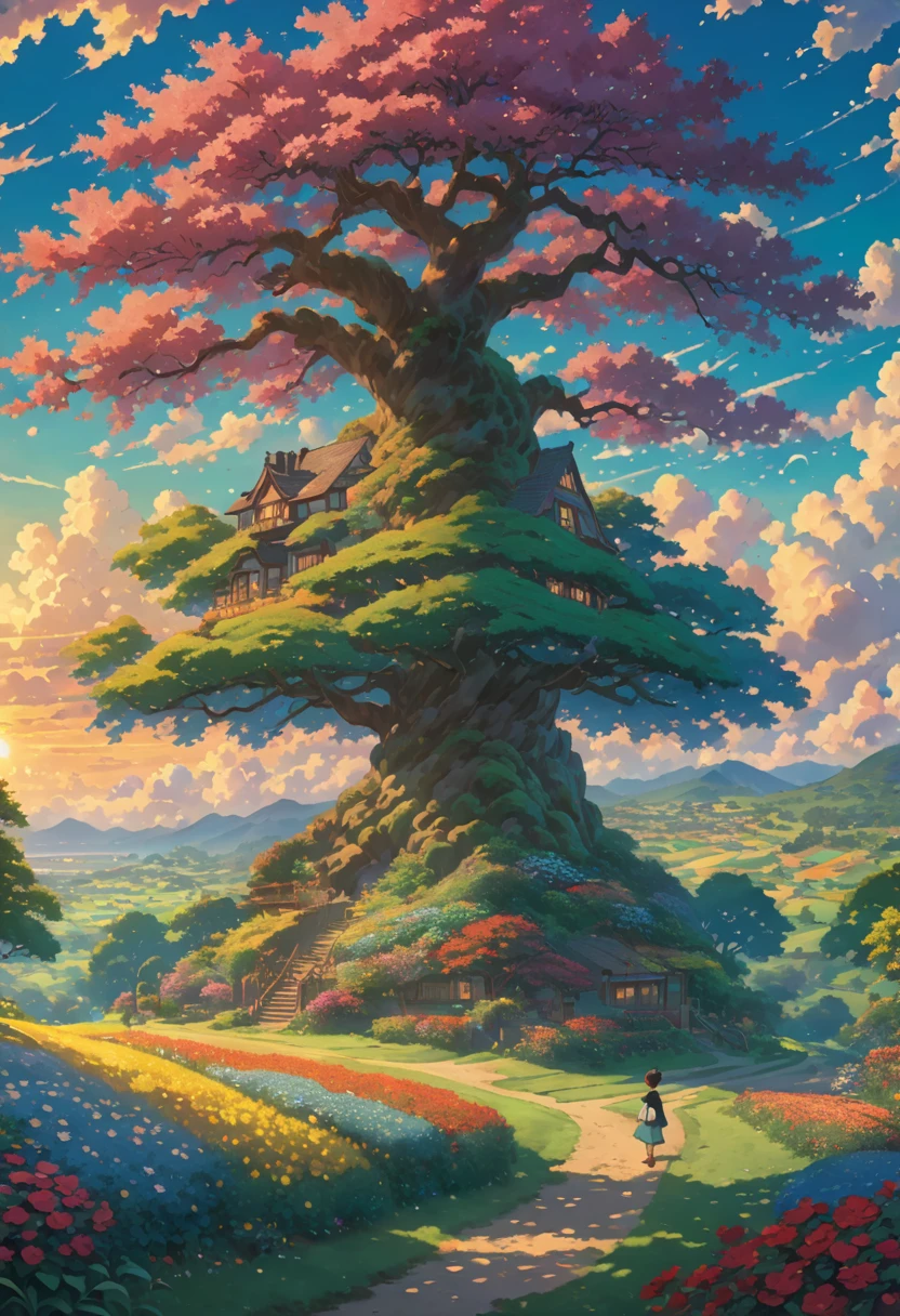 Studio ghibli field hirvas altas sun tree shadows,hinkai,beautiful anime scene,dreamy,majestic,anime wallpaper 4k,amazing miyazaki,thomas kinkade matte 4k,Aries Moross art.boy HD 8K