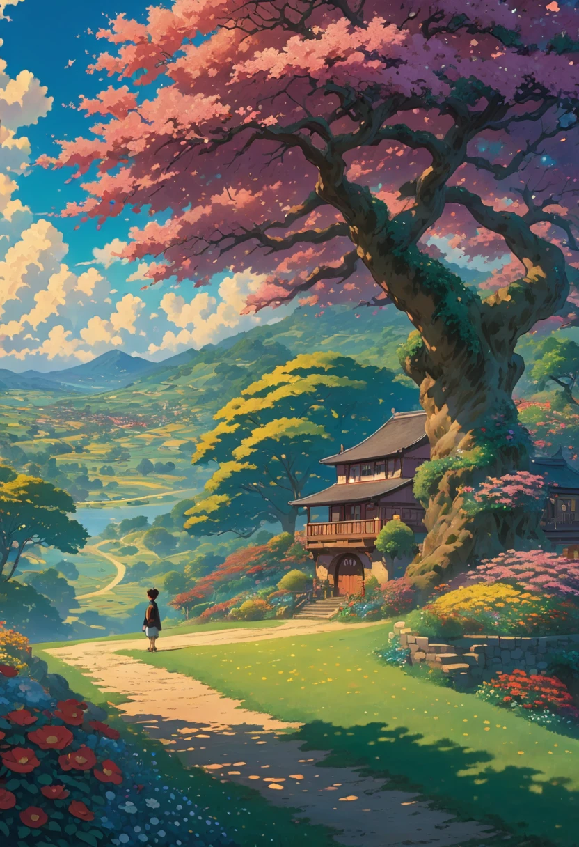 Studio ghibli field hirvas altas sun tree shadows,hinkai,beautiful anime scene,dreamy,majestic,anime wallpaper 4k,amazing miyazaki,thomas kinkade matte 4k,Aries Moross art.boy HD 8K
