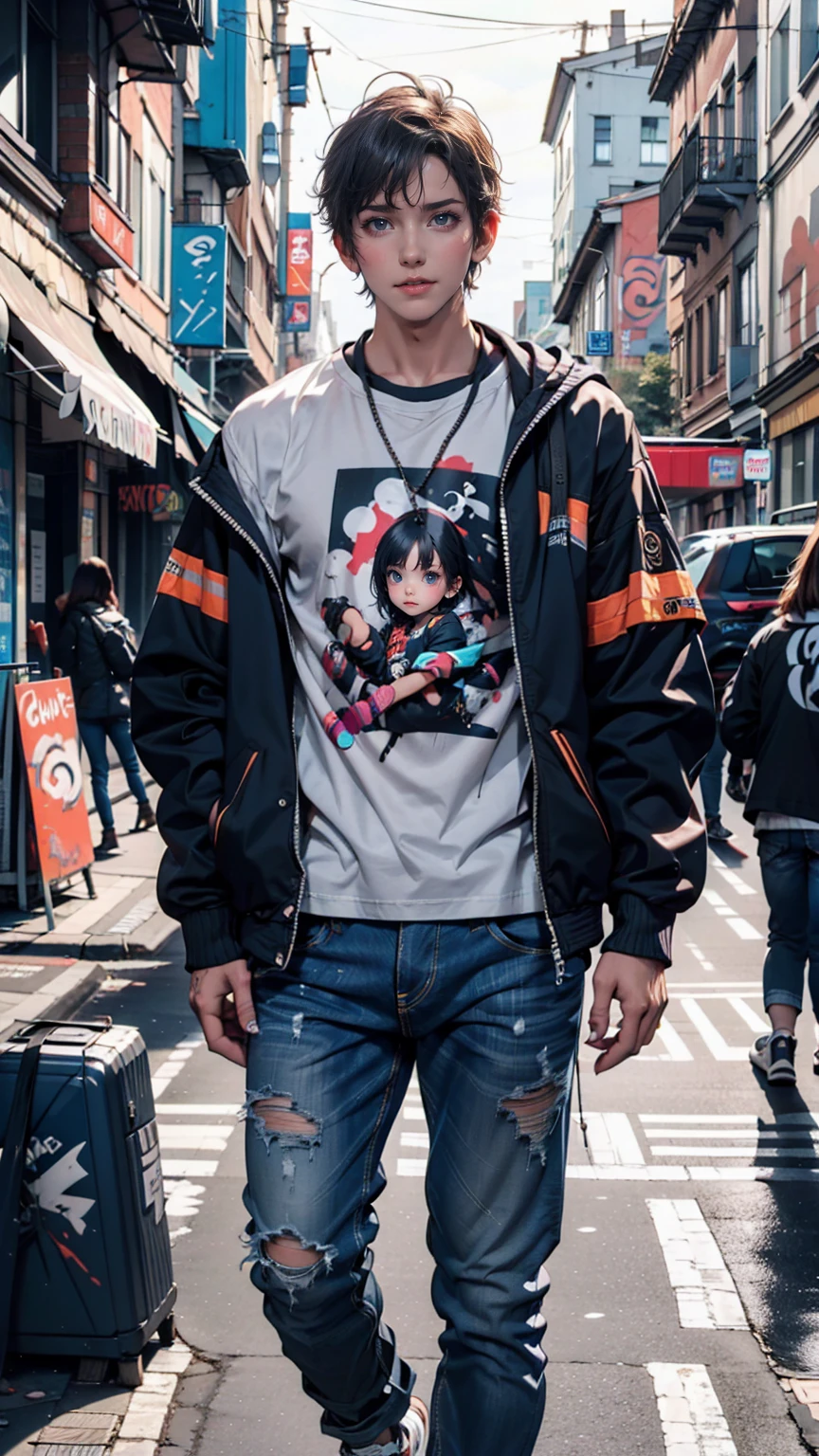 Model photographed on a city street。Oversized denim jacket、Graphic T-shirts、Distressed jeans、sneakers、Graffiti art in the background