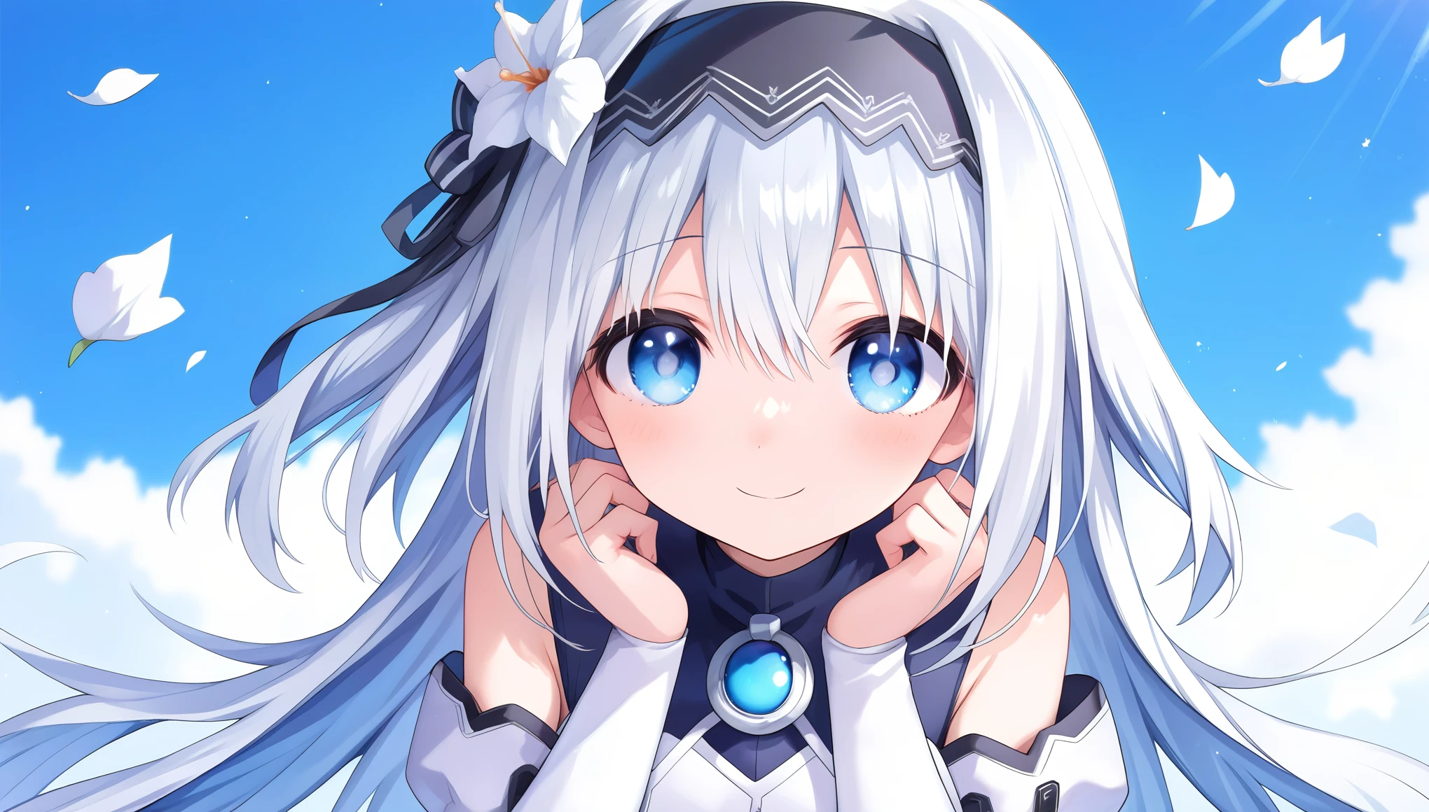 score_9, score_8_up, score_7_up, arusu maria,1girl, solo, long hair, blue eyes, white hair,hair between eyes,white thighhighs,black hairband,Face, upper body, smiling, bright eyes, excited, joy, wedding dress, white flowers on the ground, blue sky, sit, chair, hands on legs
