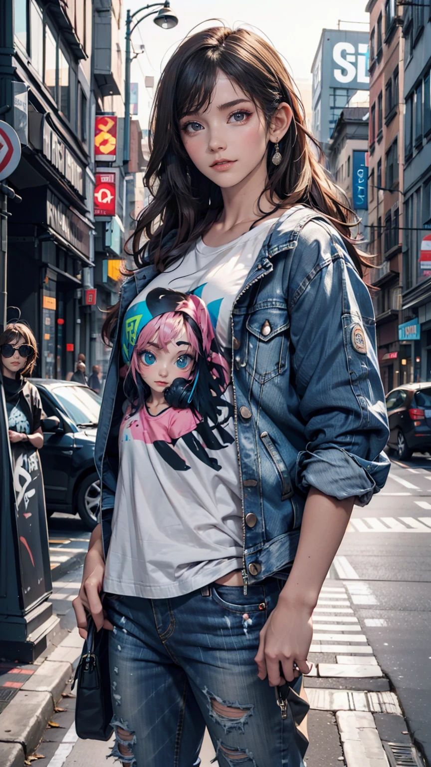 Model photographed on a city street。Oversized denim jacket、Graphic T-shirts、Distressed jeans、sneakers、Graffiti art in the background
