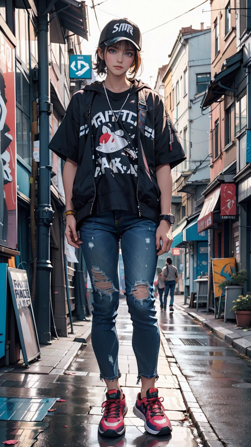 Model photographed on a city street。Oversized denim jacket、Graphic T-shirts、Distressed jeans、sneakers、Graffiti art in the background
