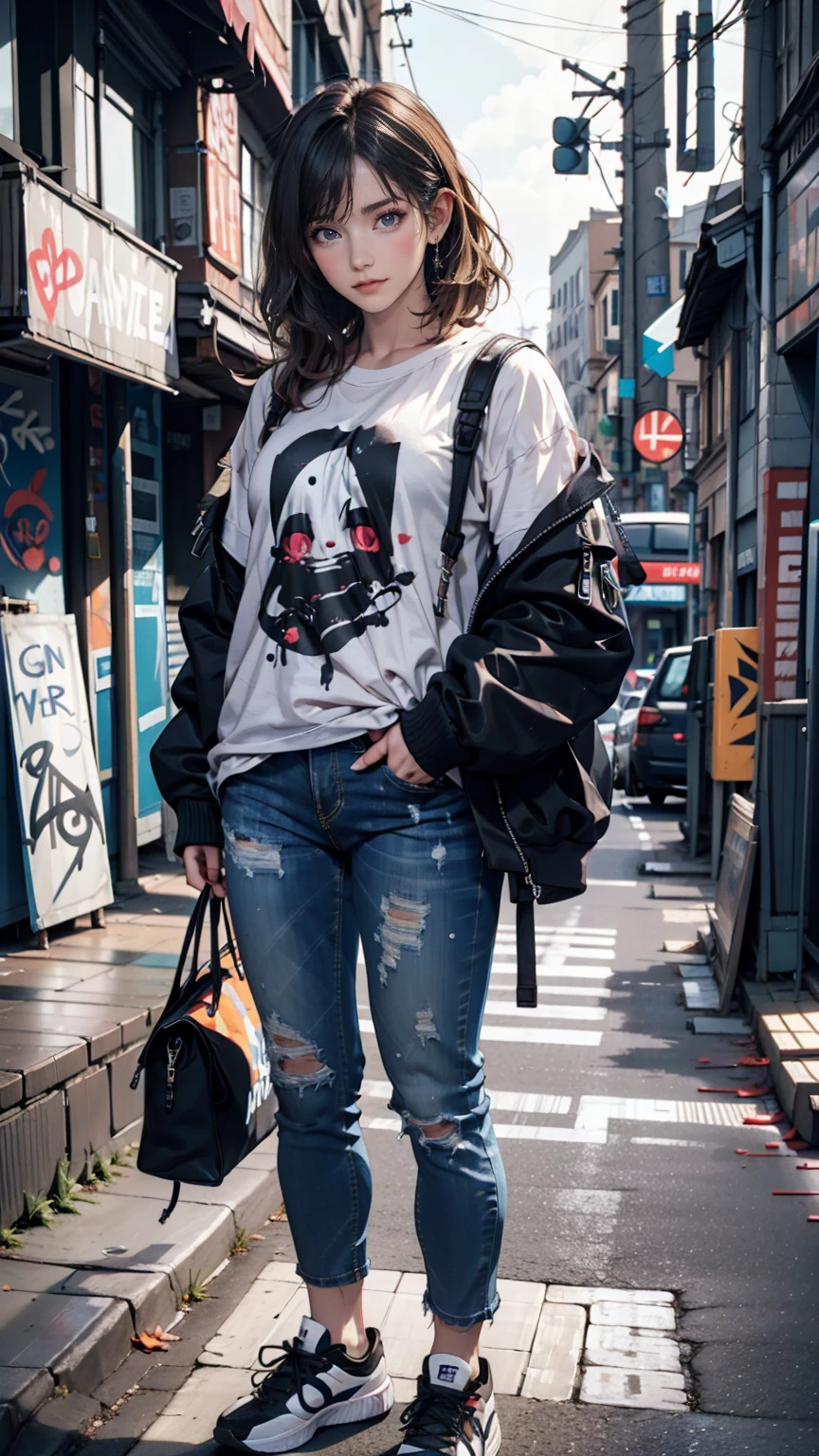 Model photographed on a city street。Oversized denim jacket、Graphic T-shirts、Distressed jeans、sneakers、Graffiti art in the background