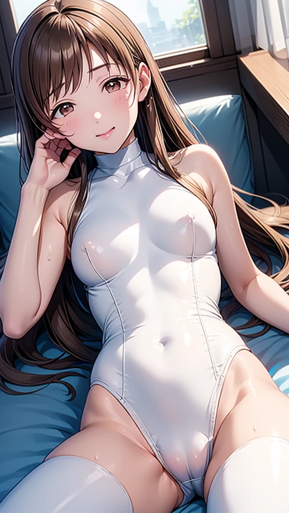 Highest quality、high resolution、High definition、HD、Dimly lit room without windows、(Nitta Minami、Long Hair、Medium chest、Brown Hair、Brown eyes、Glossy lips、Glowing Skin、Realistic skin texture、((Wet white bodysuit))、(Wet plain bodysuit)、Lie on your back with your legs apart)、Staring at me、Love me、blush、(Laughing with your mouth open)、(Zoom in on the crotch、Very close to me)