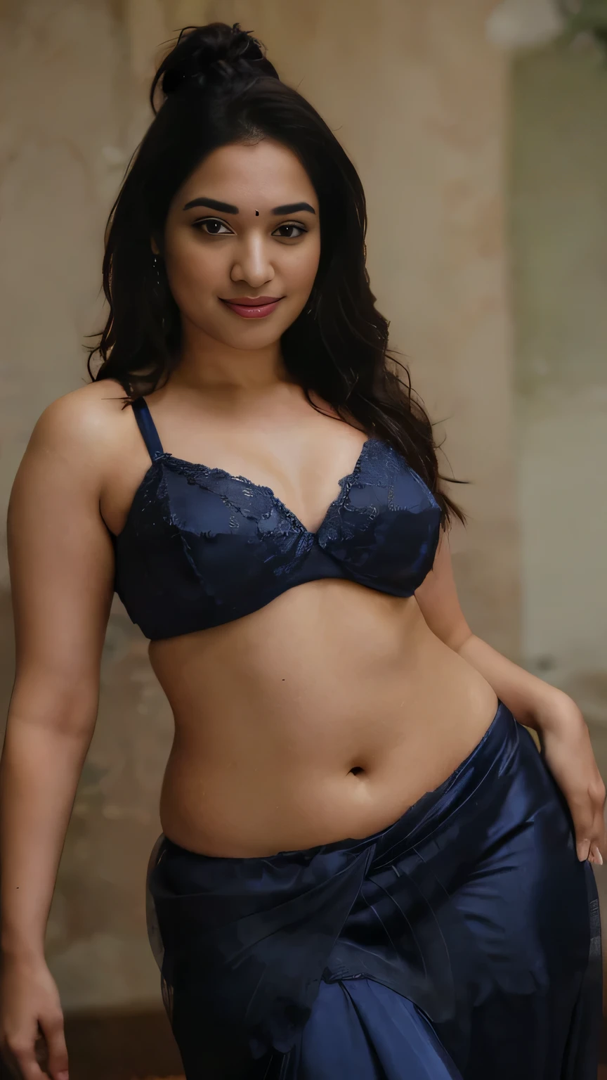 extreme close up photo of sexy indian dancin with wide open spread legs, curvy, hourglass figure, swooping breasts, deep cleavage, open arms, look at viewer and subtle smile, sultry, blue lace bra and satin silk saree, French braid hair, 38 yo, HD, 4k, ultra high quality, (cinematic:1.3), intricate details, (ArtStation:1.2)