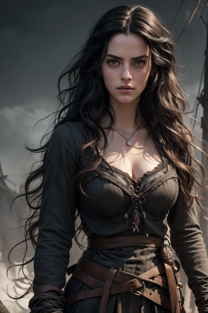 (masterpiece, absurdres, highres, ultra detailed), 1woman, wavy dark hair, adult, black eyes, focus,handsome face, yennefer the witcher, charming, detailed eyes and face, angry expression, sky background, looks like Kaya Scodelario, ghostly ethereal look