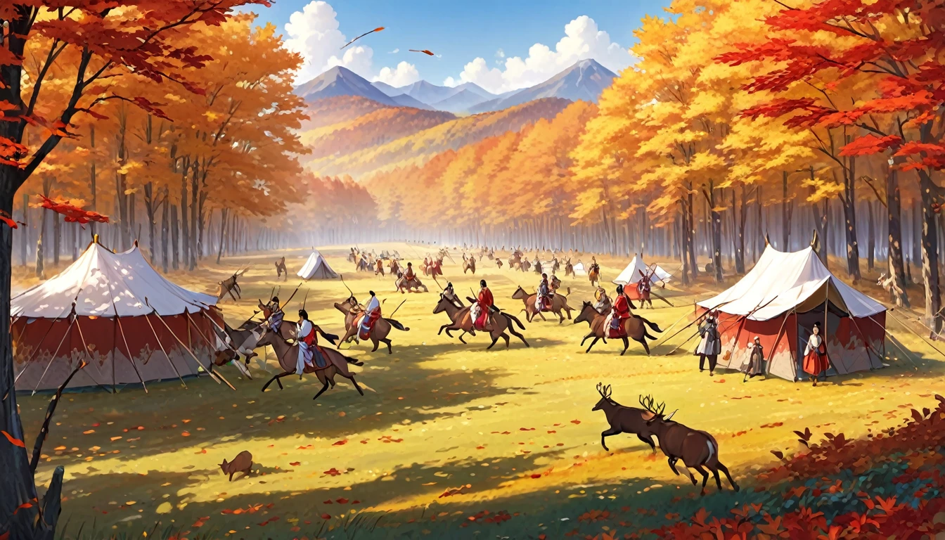 tents on a meadow on the right of the border of a forest in autumn with red and yellow leaves, men and women wearing hanfu riding horses, using bow and arrow hunting deers and rabbits