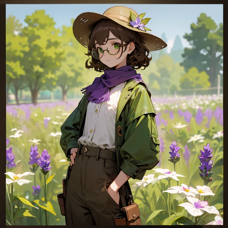 (Masterpiece, best quality), detailed, 1girl focus, 1 gardener woman, slight smile, pale, skin, olive green eyes, glasses, rounded square brown lenses, short dark brown curly hair, lavender flower, flat chest, garden hat, gardening hat, a lavender flower in the hat, a purple scarf around the neck, pants, Ecofashion, Ecopunk, Ecology, Earthy clothing, gardening clothing, gardening, garden, Solarpunk, Solarpunk reference, Solarpunk inspired, cottagecore aesthetic, cottagecore, pants, gold details, pastel purple, green and brown color palette for the clothes.