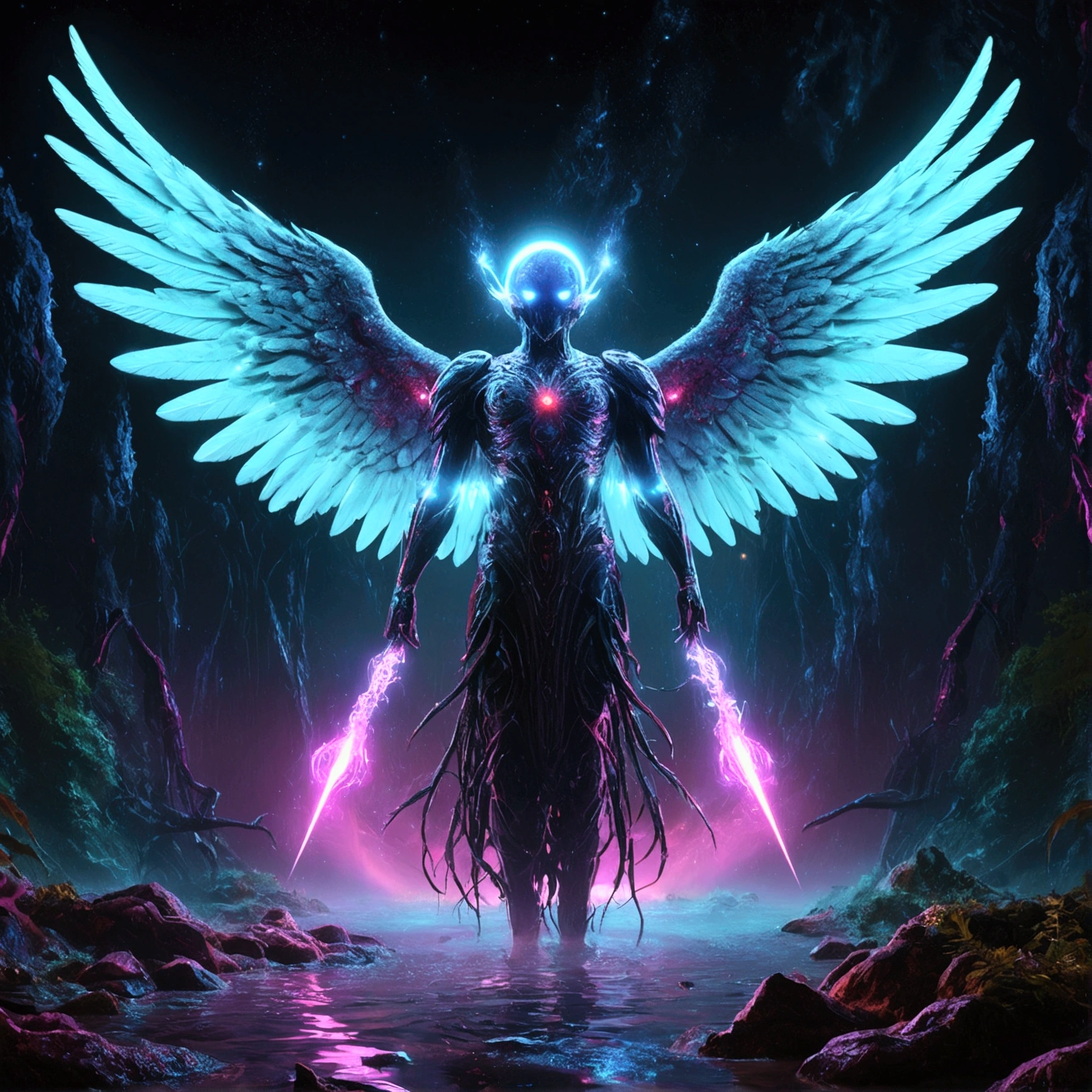 A Flood on the Planet with Cosmic Fallen Angel, glowing light eyes, Biomechanicals, weirdcore, frightful, nightmarish, very bright colors, light particles, with bright light, Mshiff, Wallpaper Art, UHD Wallpaper