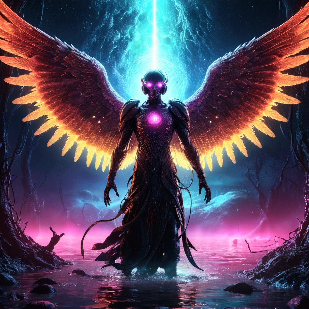 A Flood on the Planet with Cosmic Fallen Angel, glowing light eyes, Biomechanicals, weirdcore, frightful, nightmarish, very bright colors, light particles, with bright light, Mshiff, Wallpaper Art, UHD Wallpaper